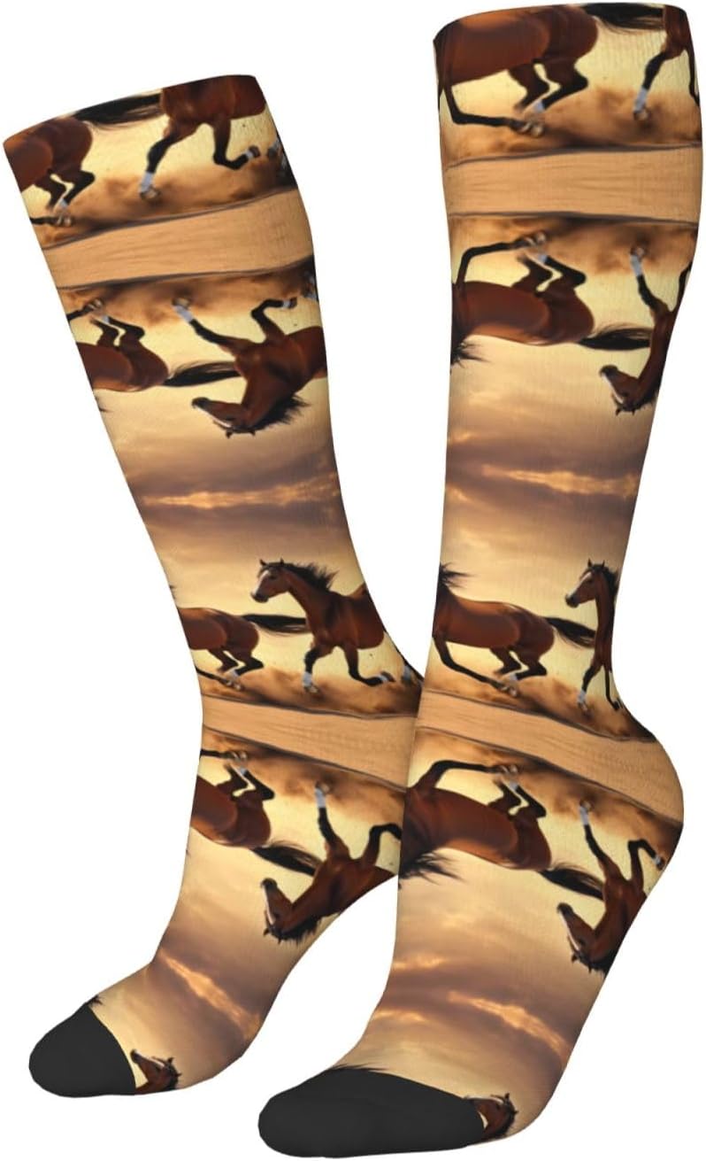 Horse Stripes Pattern Print Breathable Crew Neck Athletic High Socks,Suitable For Sports,Running,And Travel.