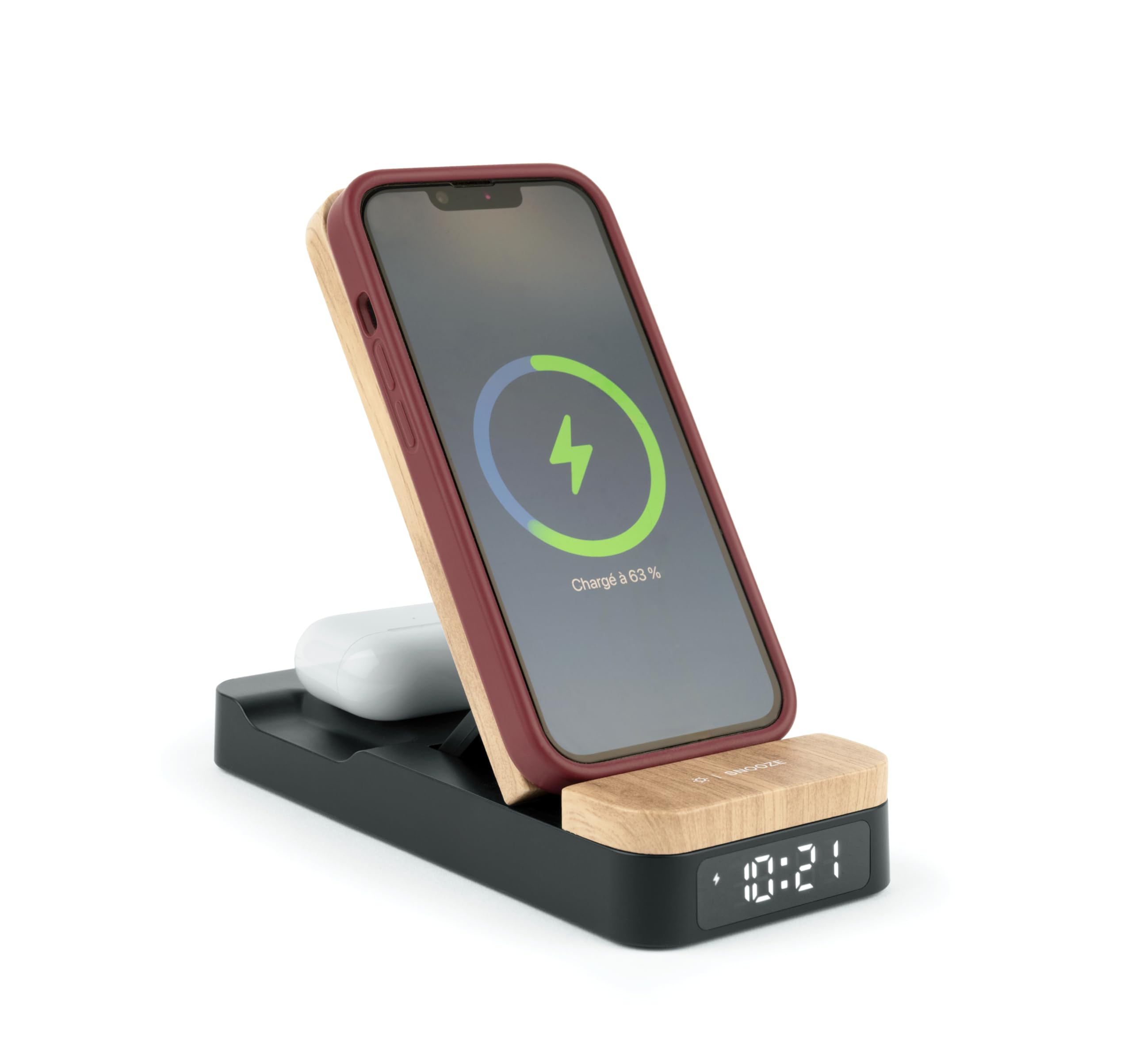 THOMSON Réveil Chargeur Induction 3 en 1 sans Fil 15W, Station de Charge Rapide pour iPhone/Android, Samsung et Apple Watch, Réveil Matin, Support Pliable et Port USB-C. pour Bureau ou Chevet - C850i