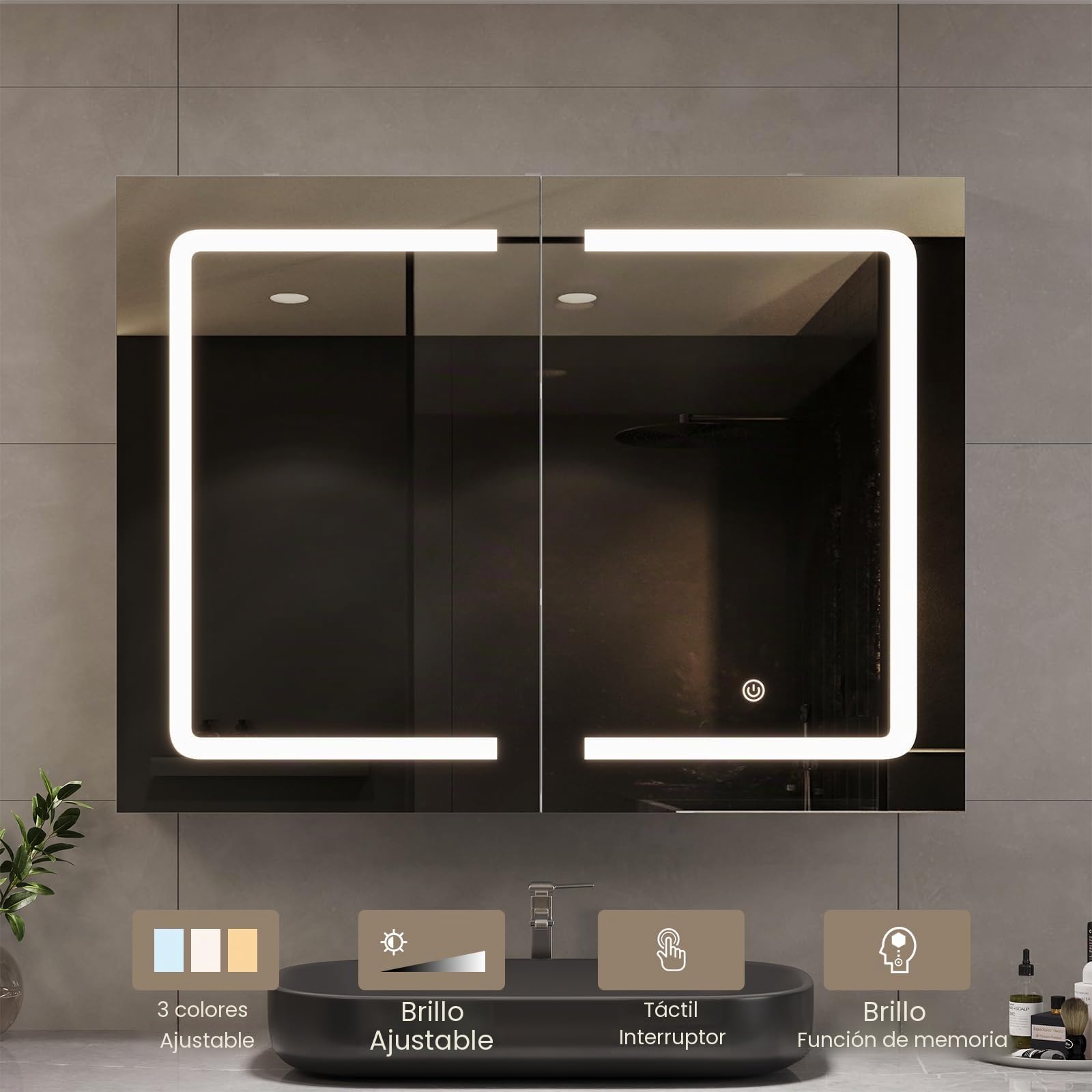 DICTAC Armario de Baño Con Espejo e Iluminación, 80x16x60 cm, Con Enchufe, Puerta Doble, Estante, Interruptor de Sensor Táctil, 80 cm de Ancho