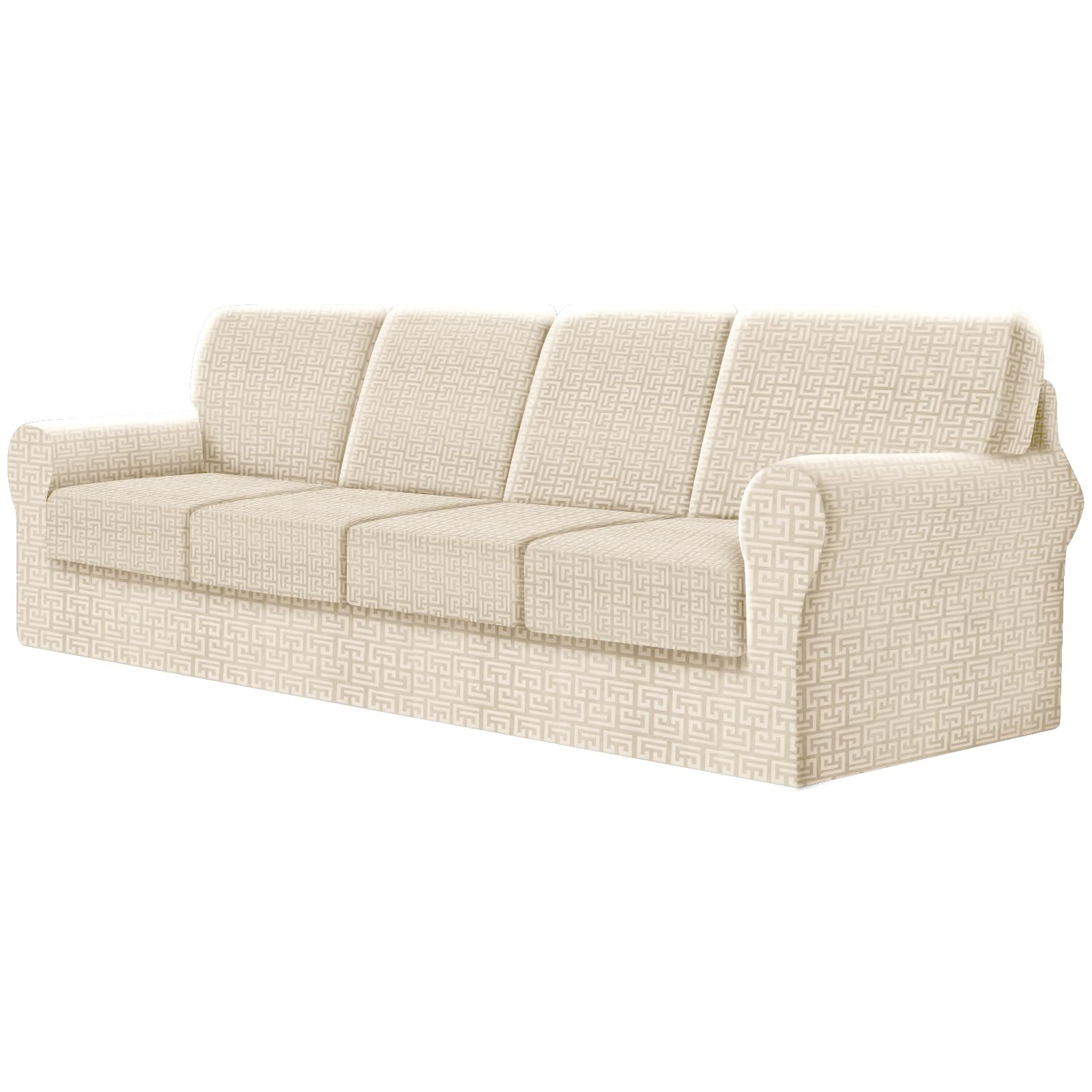 SYLC Fitted Sofa Cover 4 Seater, 9 Piece Sofa Slipcover With 4 Seat Cushion Covers And 4 Backrest Covers, Settee Covers Stretch Velvet Anaglyph(Beige,X-Large Sofa - 9 PCS)