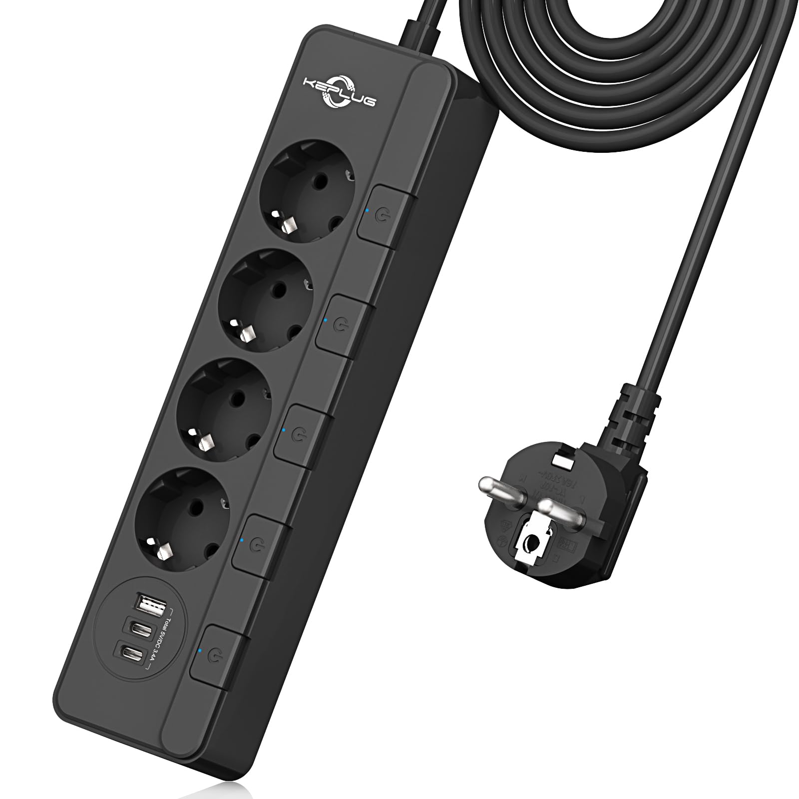 Steckdosenleiste überspannungsschutz(4000W 16A),KEPLUG Mehrfachsteckdose mit 2USB C 1USB A wandmontage, Steckerleiste einzeln schaltbar kindersicherung,Steckdose 2 m Kabel Schwarz
