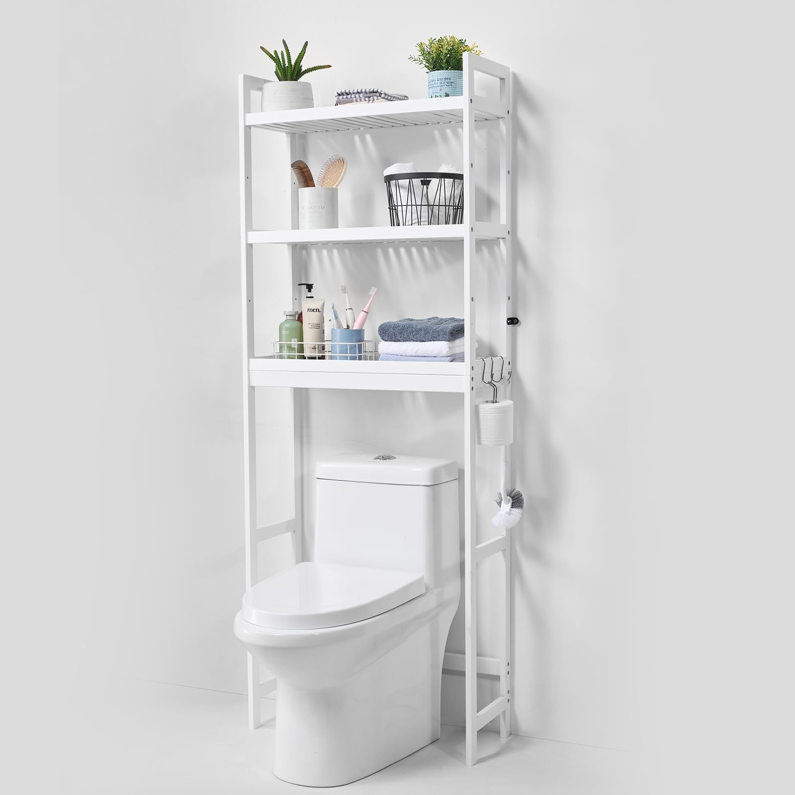 VEVOR Estante para Inodoro Ajustable de 3 Niveles Almacenamiento sobre Inodoro Estantería de Madera para Baño con 3 Ganchos Mueble de Baño Adecuado para la Mayoría de los Inodoros, Lavadero, Blanco