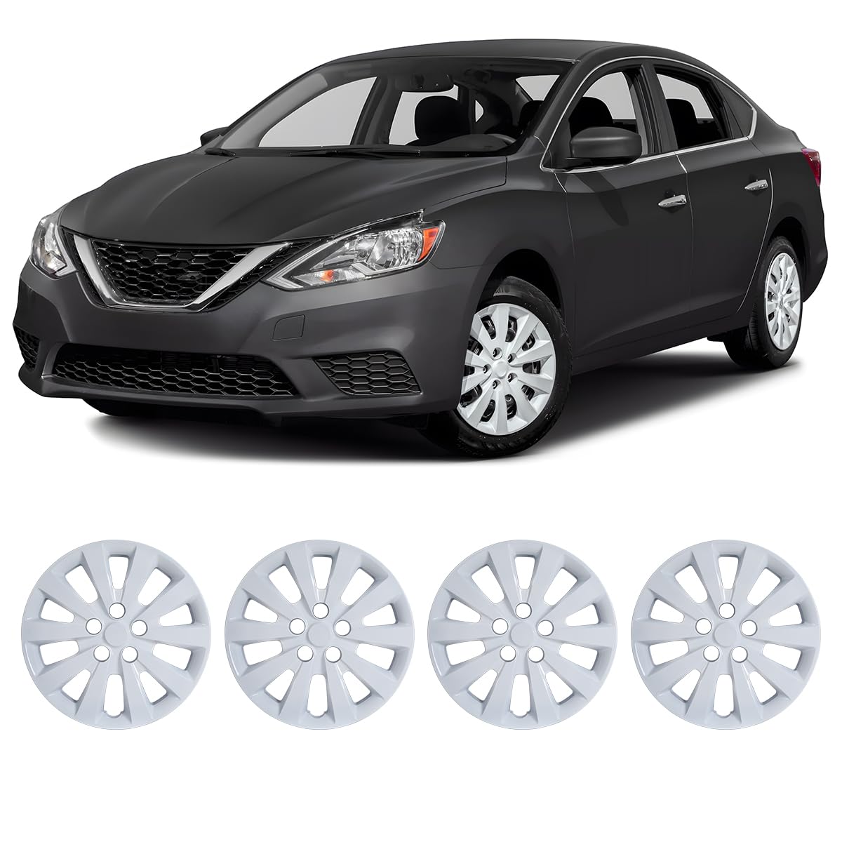 Winjet 16" Hubcaps Wheel Rims Cover for 2013-2019 Nissan Sentra &amp; 2011-2017 Nissan Leaf Wheel Rim Covers,Heavy Duty PP Material Snap On Installation (16 Inch Set of 4, White Lacquer)
