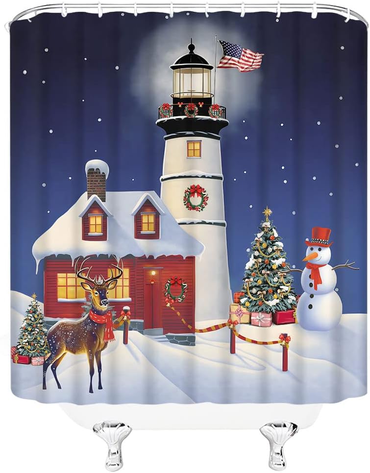 Christmas Lighthouse Shower Curtain Cute Snowman House Elk Reindeer Merry Xmas Tree Snow Winter Deer Blue Starry Sky Cartoon Night Barn Bathroom Curtain Polyester Fabric 70×90 in with Hook