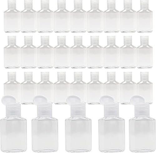 50 botellas vacías de plástico de 1 onza / 1.0 fl oz con tapa abatible, tamaño de viaje, reutilizables, para desinfectante de manos, champú y