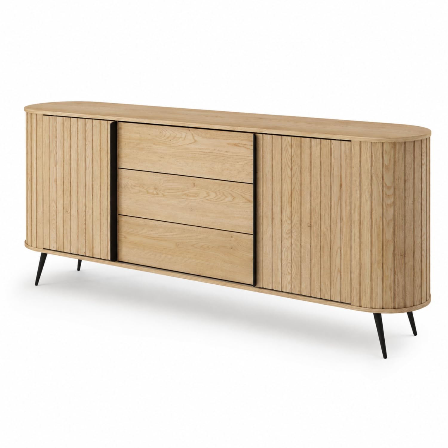 Credenza Madia Moderna Con 2 Ante 3 Cassetti Ripiani Interni E Piedi In Metallo Nero Per Soggiorno Sala Da Pranzo Salotto Design Scandinavo 196 X 40.2 X 81.8 Cm Rovere