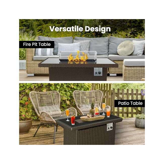 PRIMETEK 2-in-1 Fire Pit Table for Patio, Brown Wicker 44", 50,000 BTU, Wind Guard, and Glass Rocks (44 x 32 x 24 in)