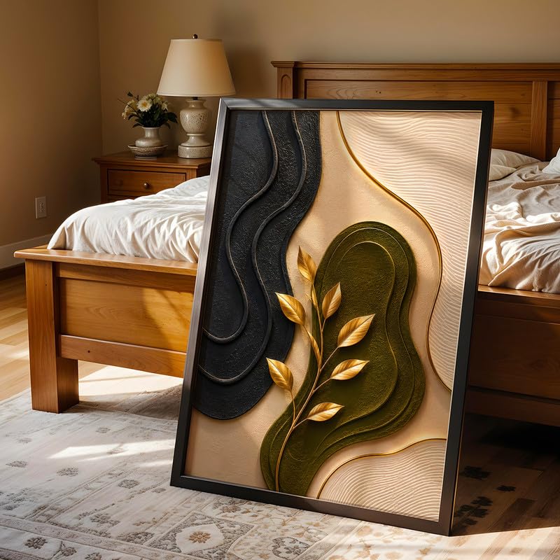 Image of NoWorries 3D Tropical Leaf Wall Painting with Frame Set of 1 | Premium Textured Green & Gold Monstera Palm Leaves Artwork, Luxury Botanical Nature Wall Decor for Living Room, Bedroom, Office and Home Decoration (3d Art-20,25x37inch)
