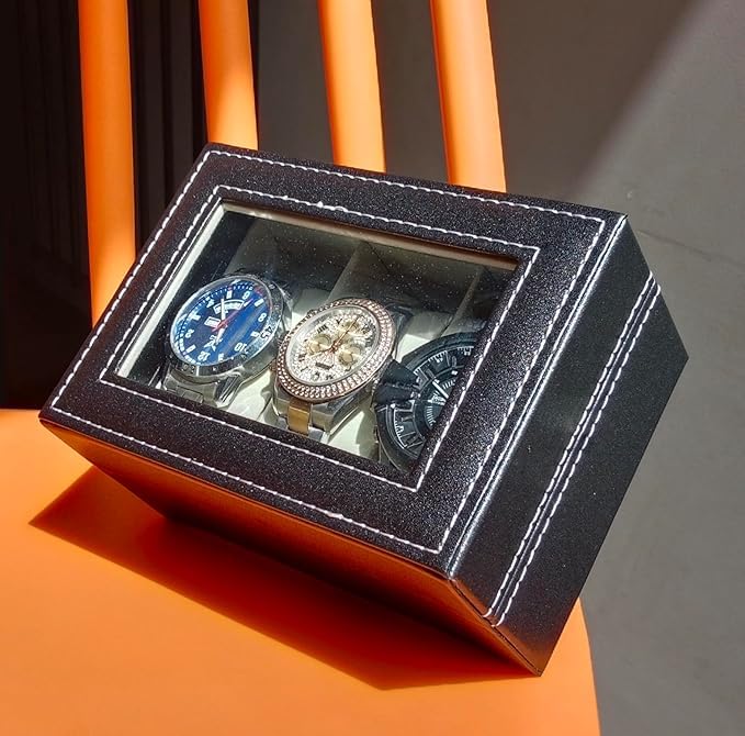 Image of Faux Leather Finish 3 Slot Cavity Wrist Watch Storage Box Display Case Organizer with Glass Window