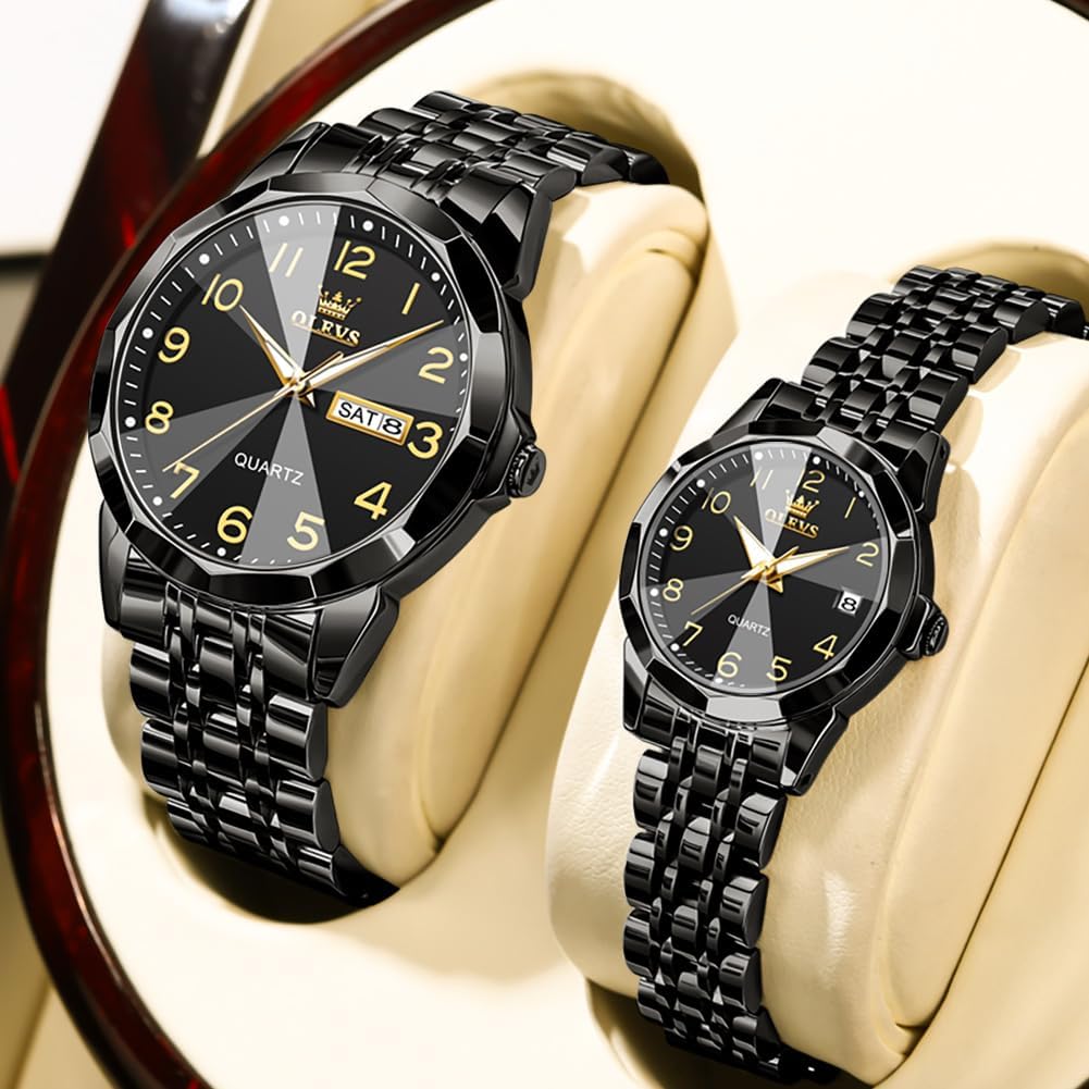 OLEVS Valentines Couple Pair Quartz Watches Luminous Calendar Date Business Dress Luxury His and Hers Wristwatch Waterproof Casual Stainless Steel Lovers Wedding Romantic Watches - Image 4