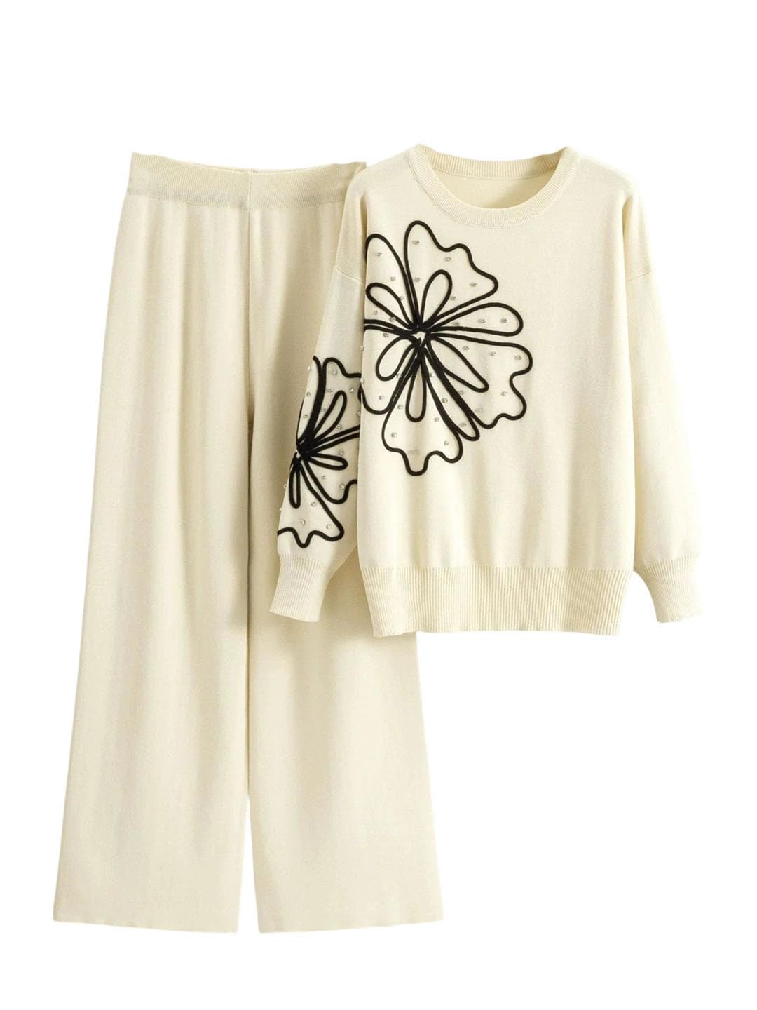 WomenS Korean Rhinestone Knit Two Piece Set O-Neck Sweater and High Waist Straight Pants