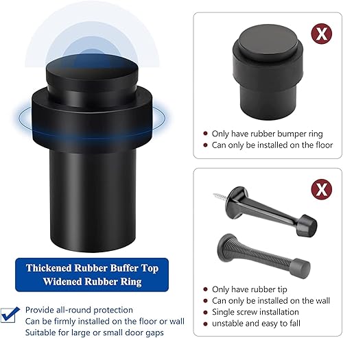 Miniatura 3 de Tope de puerta de 2.5 pulgadas para puerta de piso cilíndrico negro, protector de pared de goma de acero inoxidable resistente para parte inferior