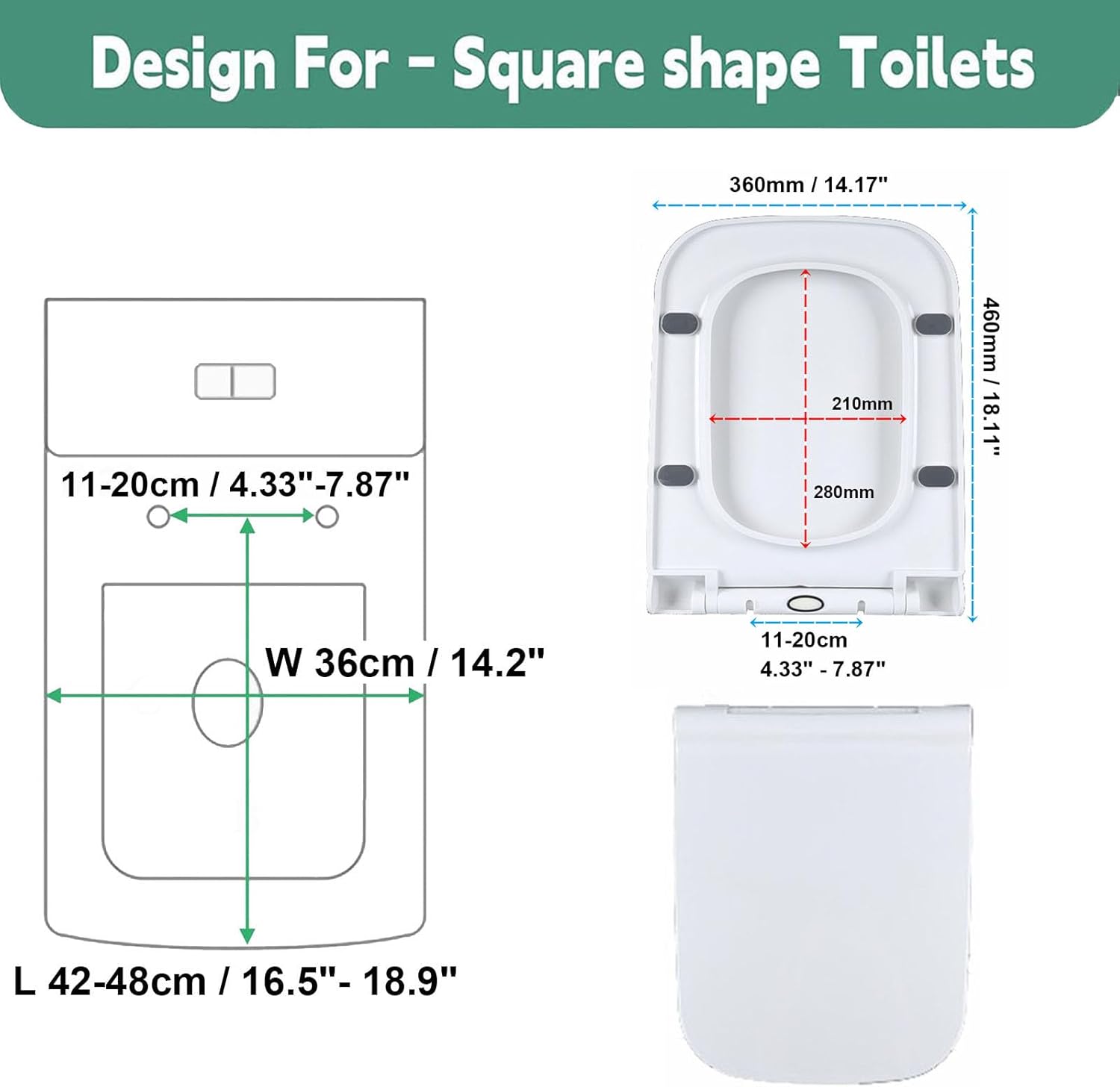 toilet seat d shape Square White Top-Fixing Adjustable Hinge, Easy-Install, 360x460mm