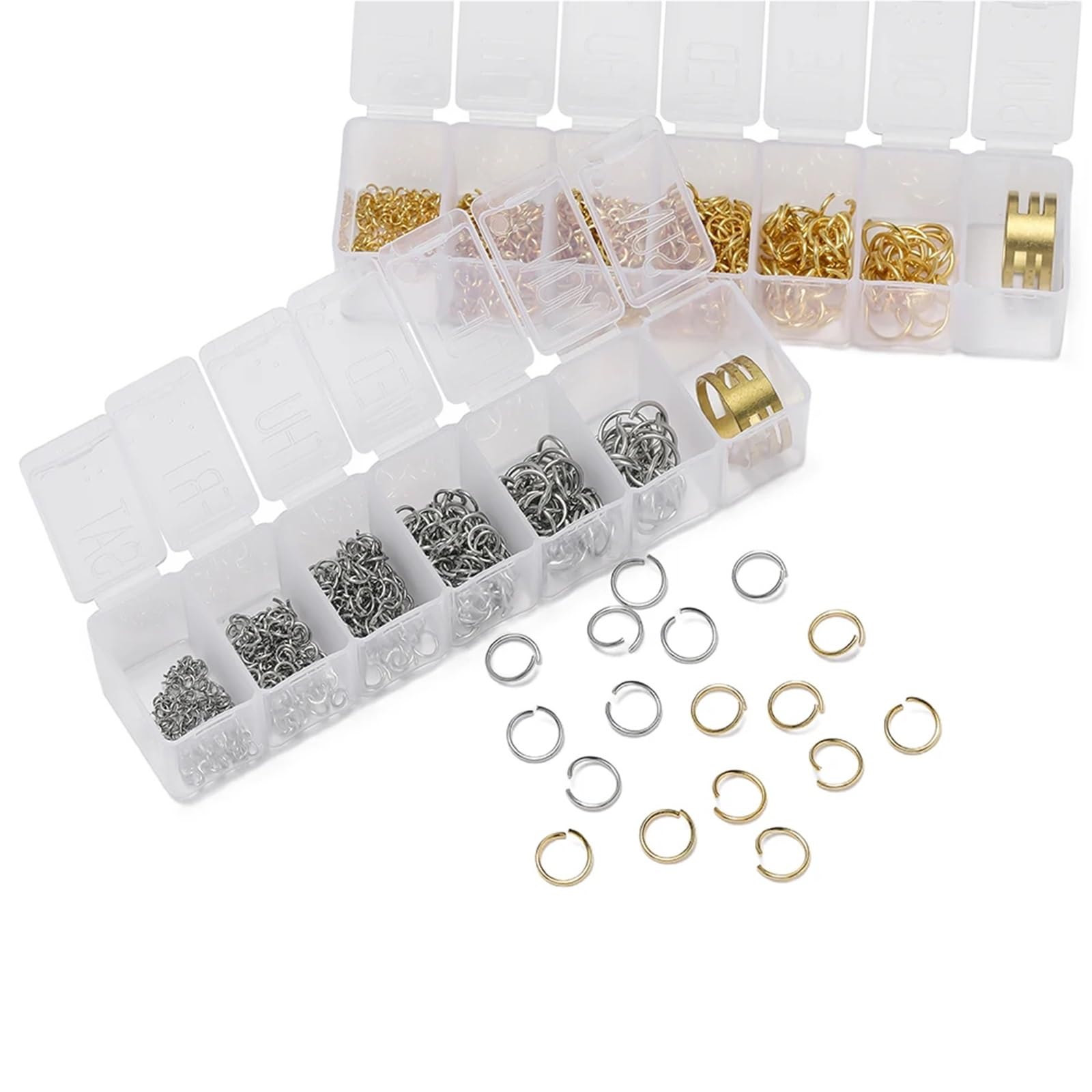 Edelstahl-Binderinge, 8 Boxen, Edelstahl, 7 Größen, goldfarben, Stahlfarbe, offene Binderinge-Sets für DIY-Armbänder, Halsketten, Schmuckherstellung, Zubehör (Gold)