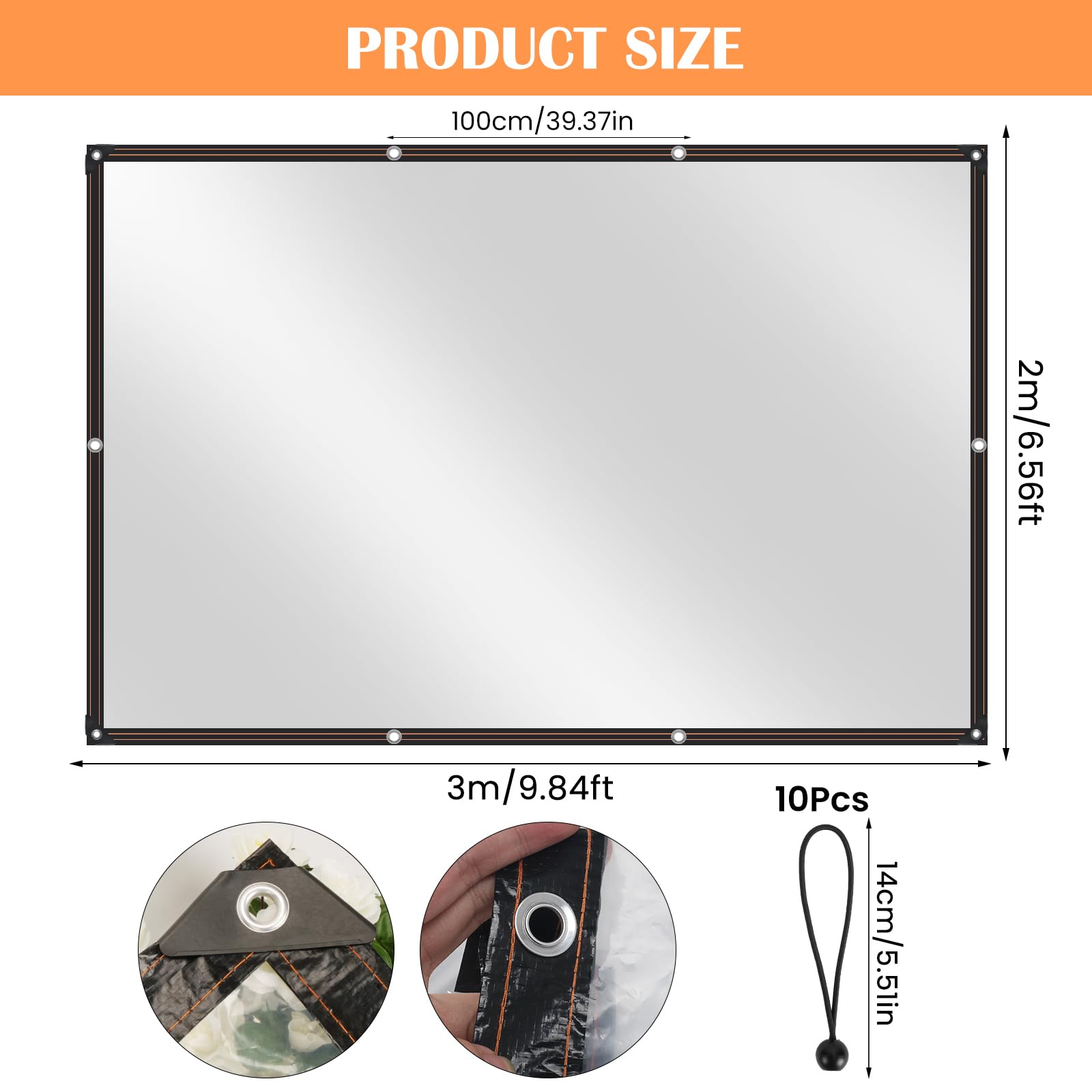 Luabue 2M X 3M Clear Tarpaulin Waterproof Heavy Duty Transparent Tarpaulin Sheet with Eyelets Plastic Tarp Cover with 10Pcs Bungees Ball Cord for Greenhouse Garden (with Bungees - Image 2