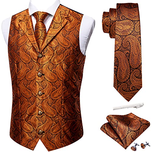 Barry.Wang Mens Paisley Formal Silk Jacquard Suit Vest Tailored Collar Waistcoat Tie Clip Set 5PCS Wedding Party Tuxedo