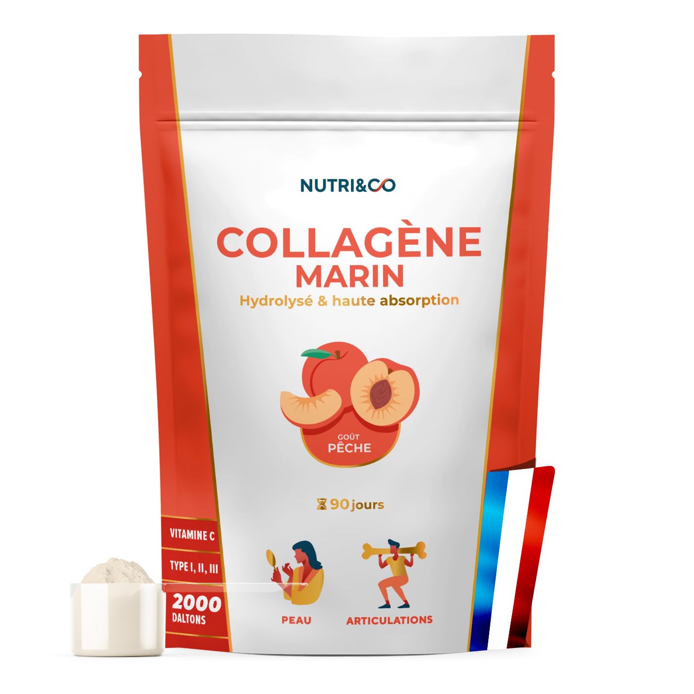 NUTRI & CO Collagene Marin Poudre Types 1, 2, 3 + Vitamine C, Breveté Naticol® & Cartydiss®, Peptides Hydrolysés 2000 DA, Format 90jrs 540g, Goût Pêche, Fabriqué en France