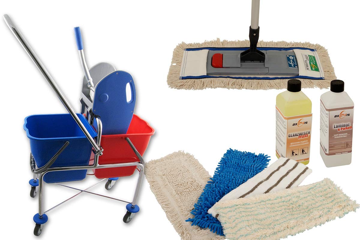 Carro de Limpieza 17L, Mopa Magnética y Set de 10 Piezas | Kit con 5 mopas de 40 cm, mango ergonómico y 2 limpiadores para baldosas o madera, ideal para todo tipo de suelos
