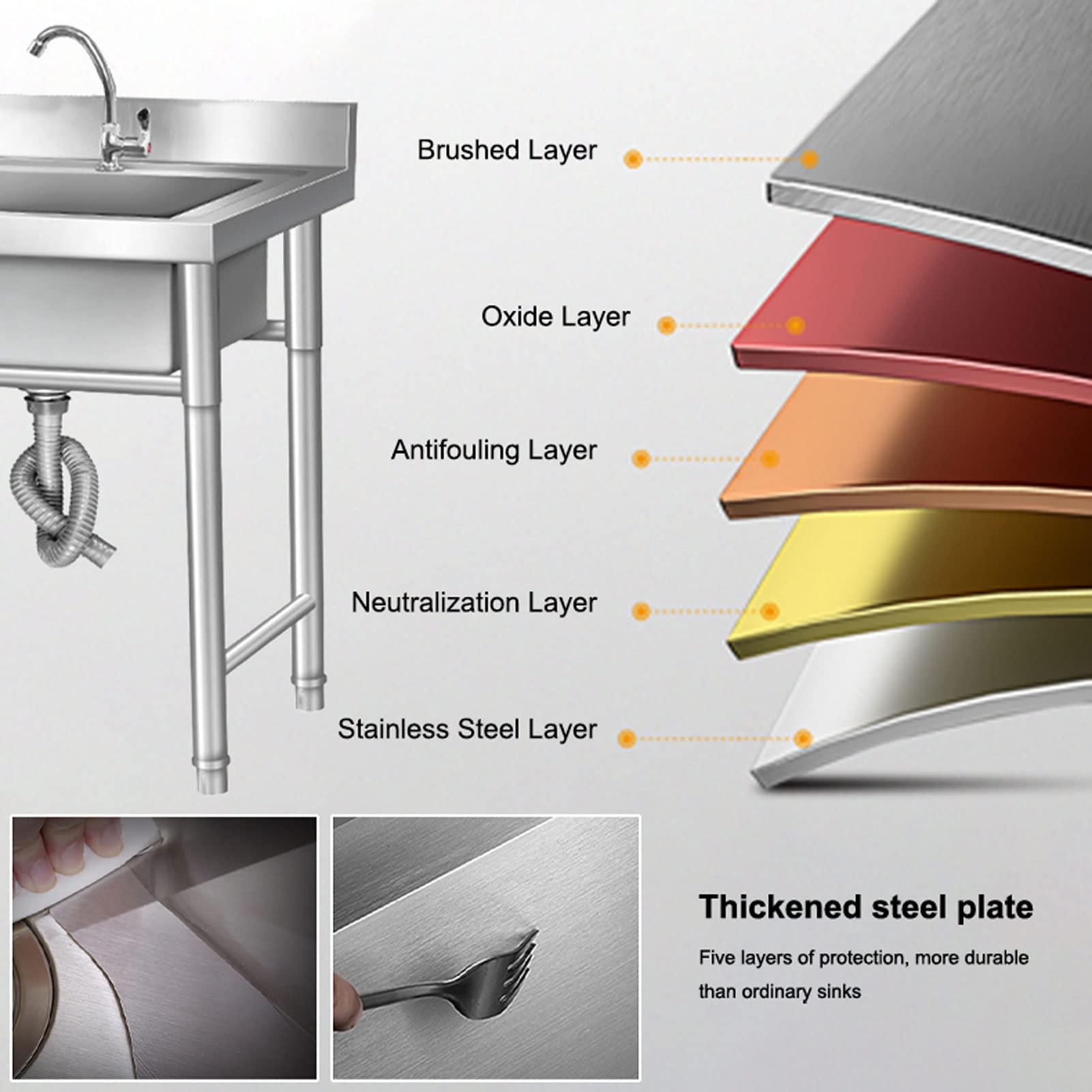 Évier de Cuisine à Une cuve de 50/60 cm, évier de Poste de Travail résidentiel en Acier Inoxydable avec kit de vidange (Salle à Manger, sous-Sol, Garage, buanderie)
