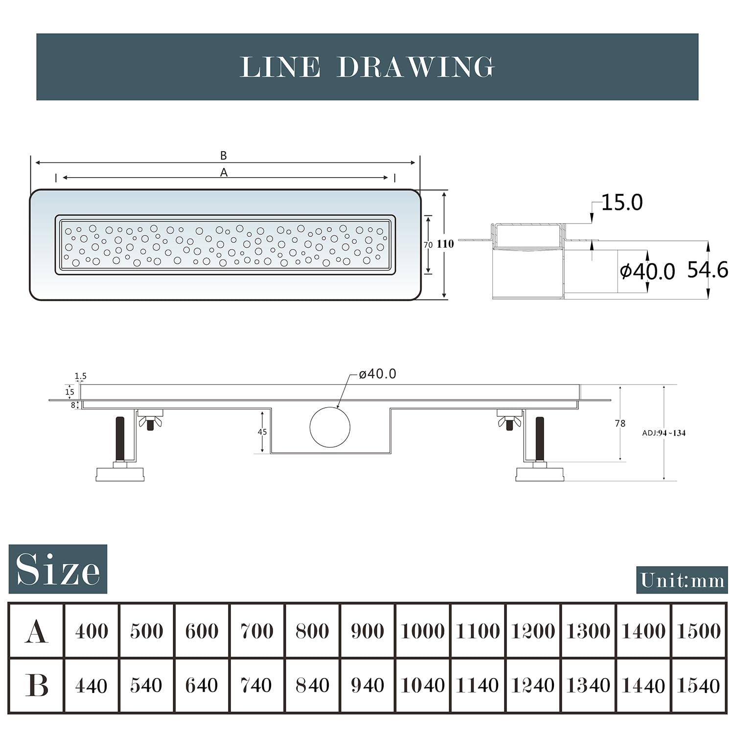AICA ITALY Canale per Doccia con Sifone, Canale di Scolo con Dispositivo Deodorante e Filtro per Capelli, Canalina di Scarico a Pavimento 80 cm, Griglia con Disegno di Cavi Rontondi, Rettangolo