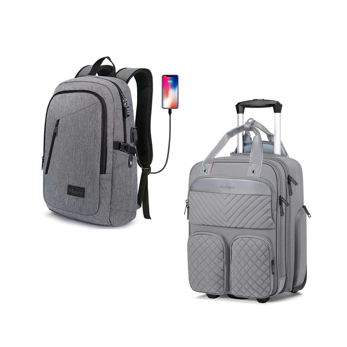 Mancro 15.6 Inch Travel Laptop Backpack with USB Charging Port Grey, Undersent Carry On Luggage with Wheels Rolling Bag for Travel, Business