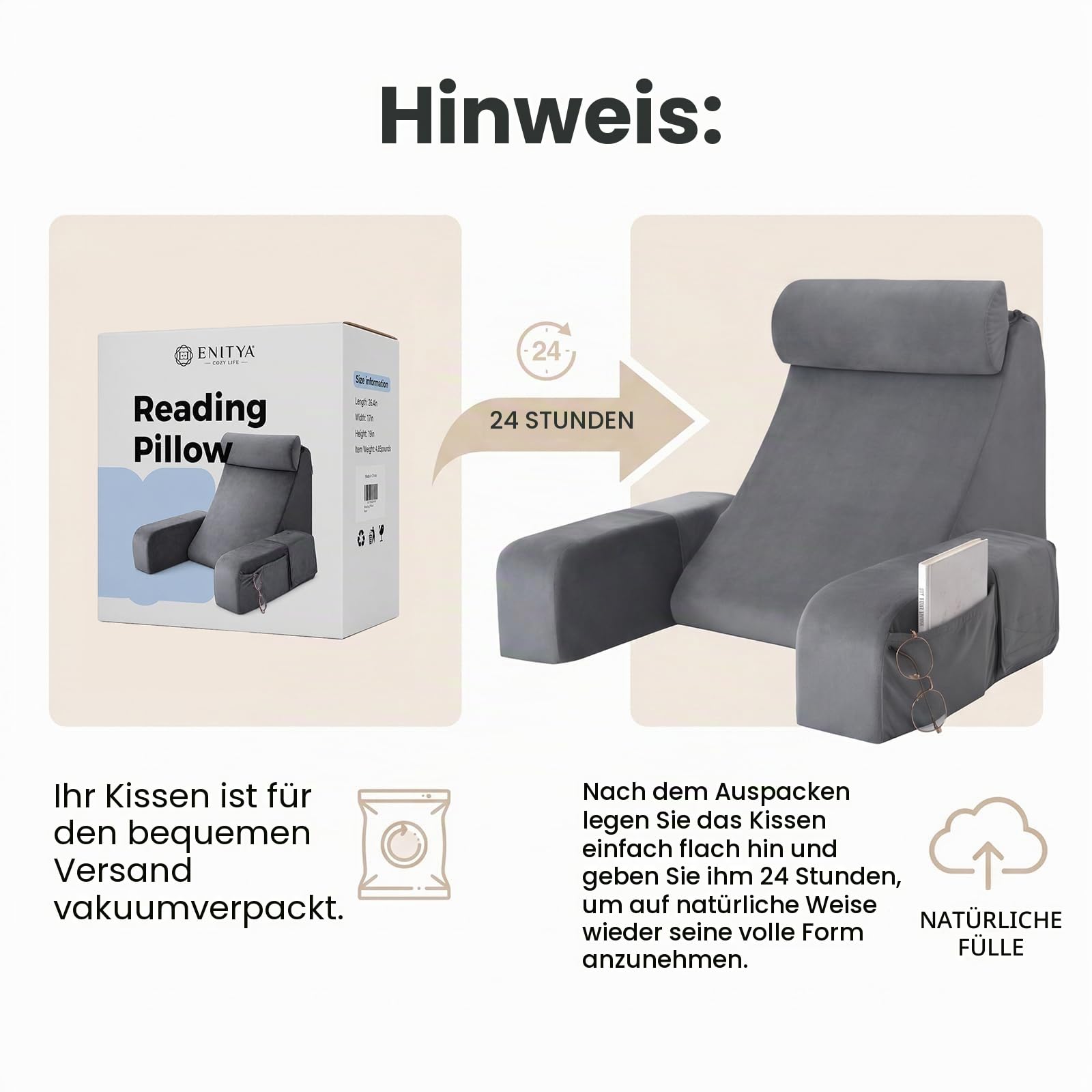 ENITYA 19" Lesekissen für Bett und Sofa, Lesekissen mit Rückenlehne für Erwachsene, Armlehnen, Großen Taschen, Ideal zum Entspannen, Fernsehen, Stillen, zur Erholung und zum Spielen, Grau