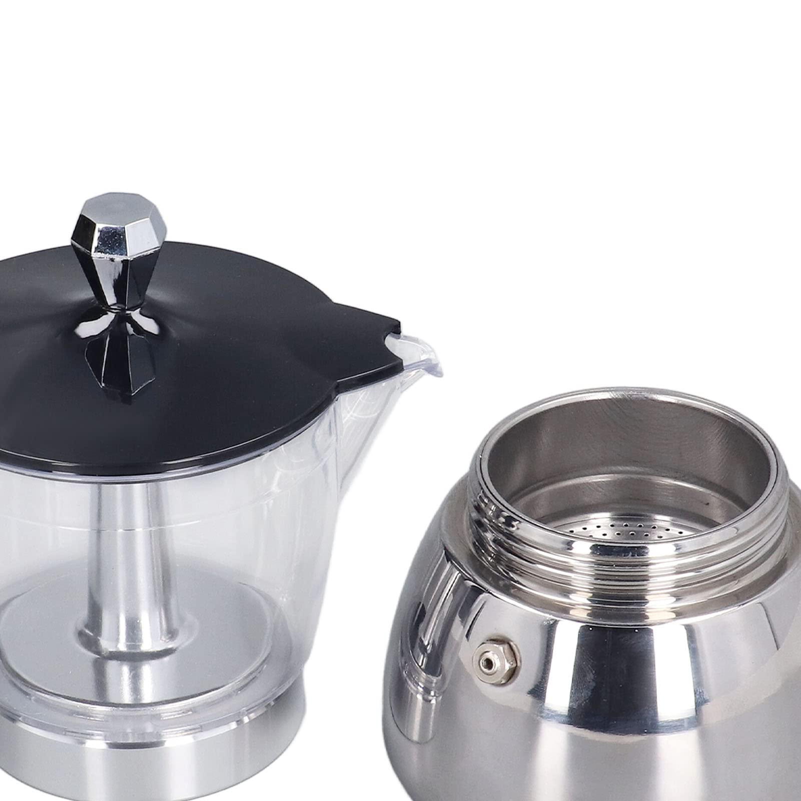HURRISE Moka Pot 6 tazas, cafetera clásica italiana de acero inoxidable, cafetera portátil con tapa de ABS transparente para cocina, camping, oficina