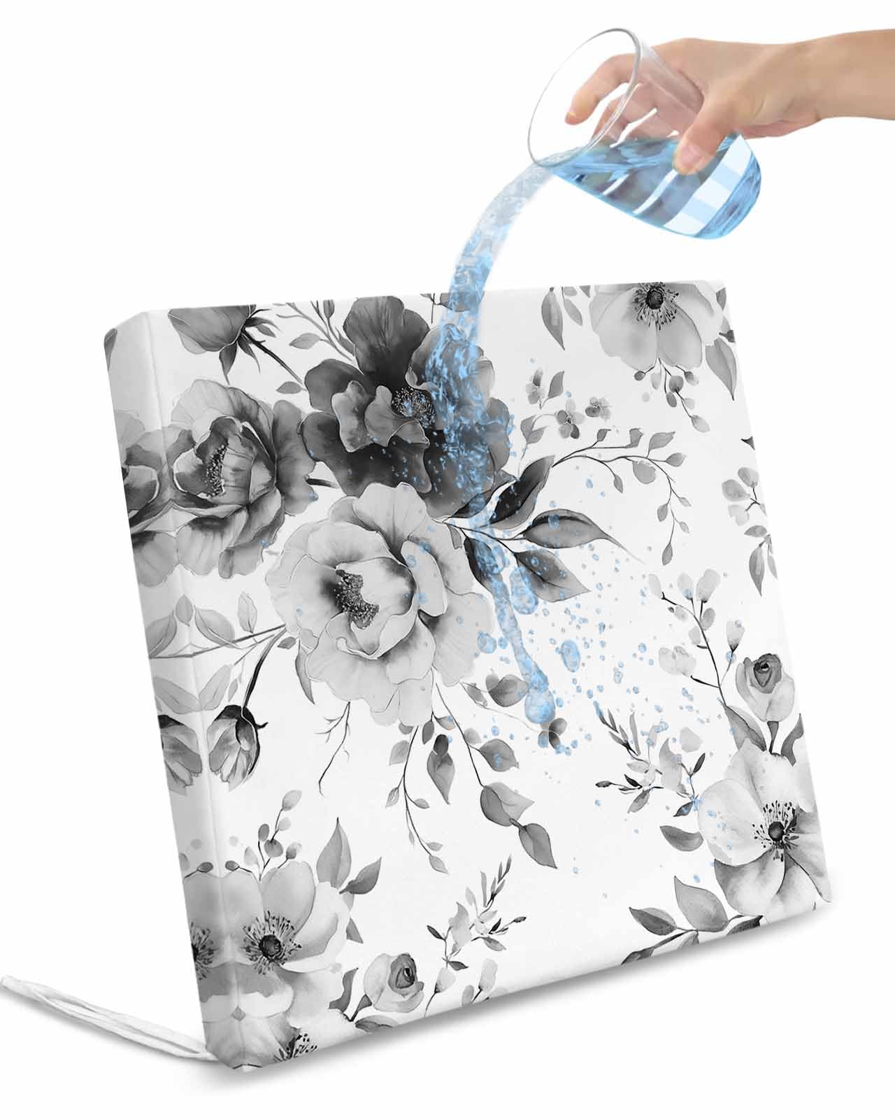2 Pack Grey Floral Art Waterproof Cushion Covers with Ties, Outdoor Patio Chaise Lounge Chair Seat Cushion Slip Covers Replacement(Only Cover) Watercolor Botanical Spring Flowers 22