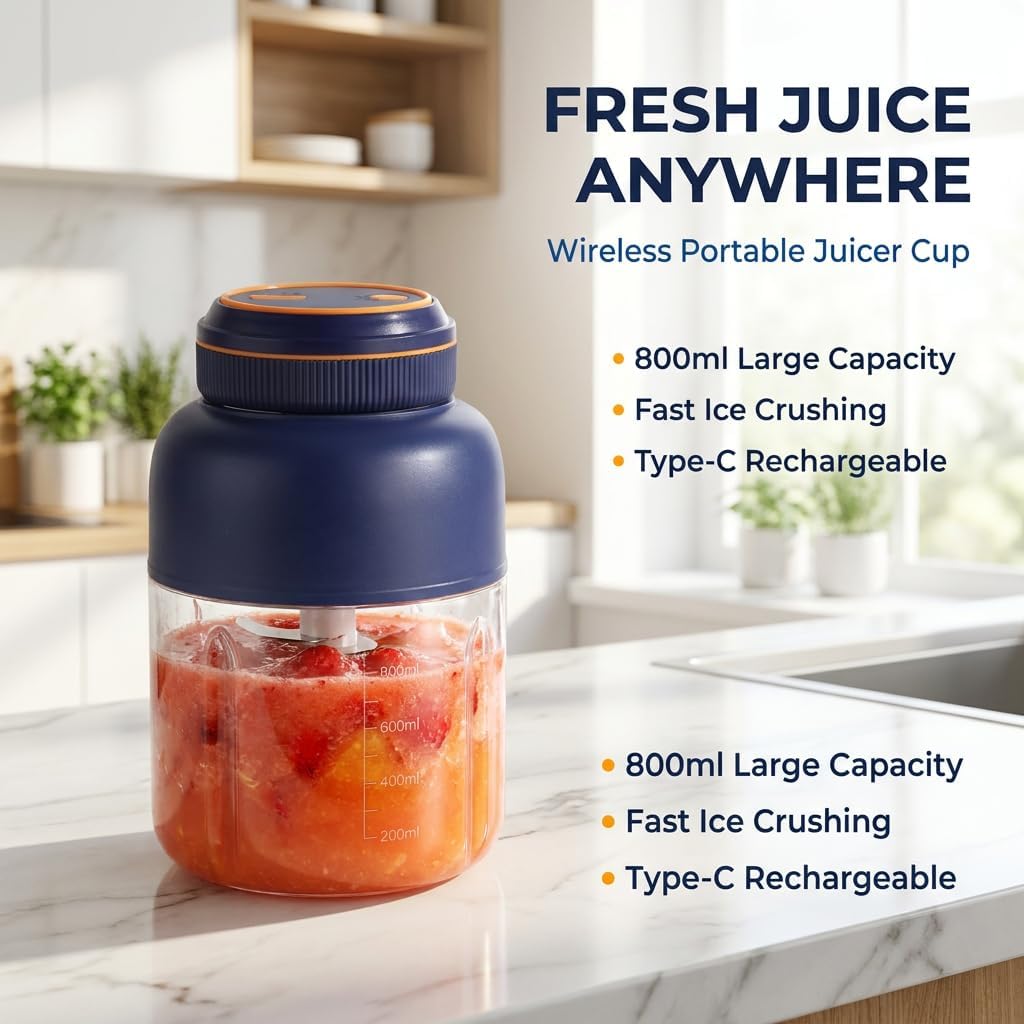 Portable Juicer Cup, Plastic Personal Blender Style Cup for Smoothies, Shakes, Fruit Drinks, Kitchen Prep, Office Drinks, Travel and Single Serve Use (blue)