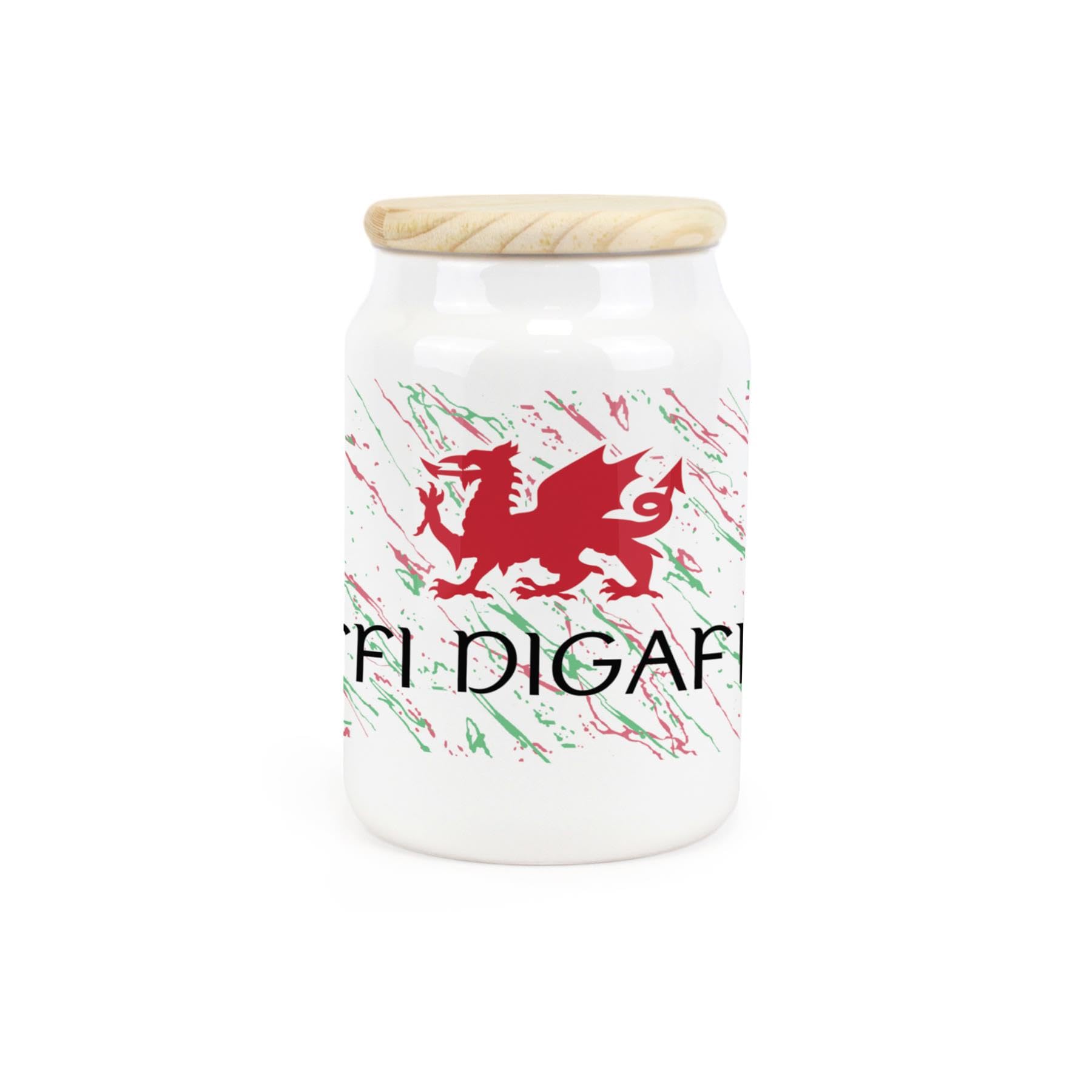 Purely Home Welsh Dragon Ceramic Decaf Coffee Storage Canister - Coffi Digaffein Wales Souvenir Themed Kitchen Food Storage Container & Wooden Lid 600ml (14.5cm x 9.5cm)