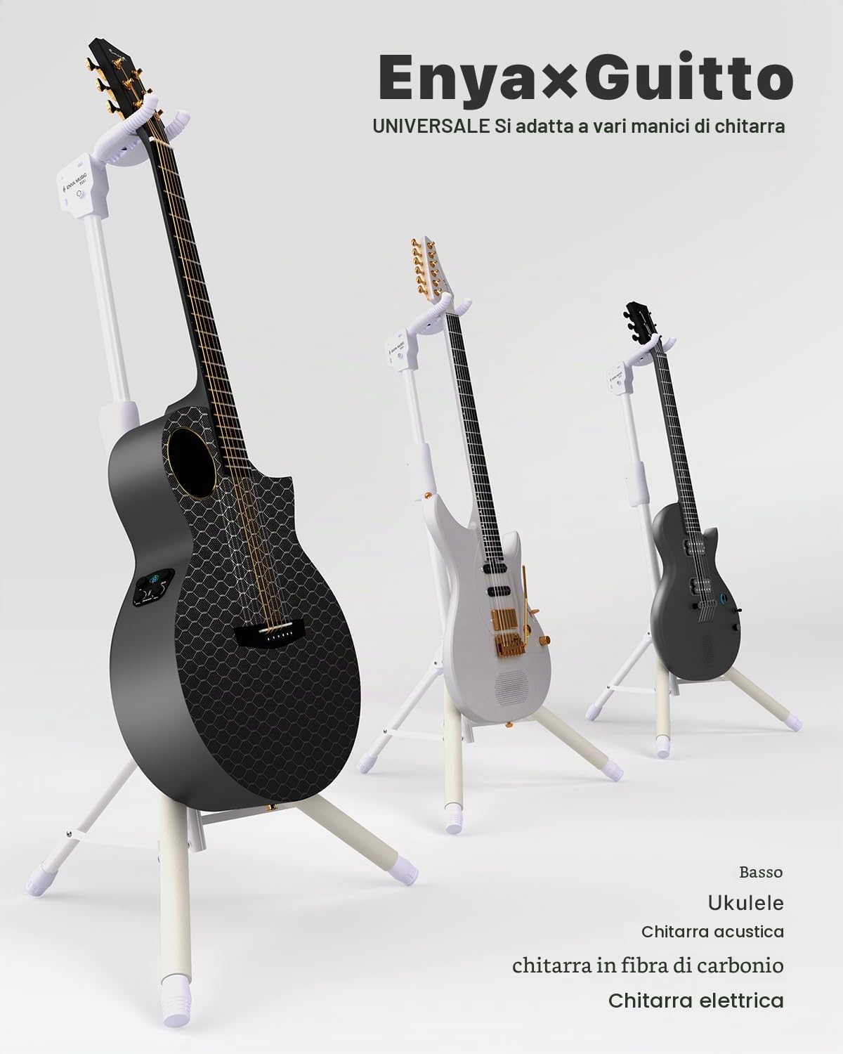 ENYA Supporto per chitarra regolabile (da 76 a 99 cm) con gancio automatico, in acciaio inossidabile, imbottitura antiscivolo e design a tre gambe per chitarre acustiche ed elettriche.