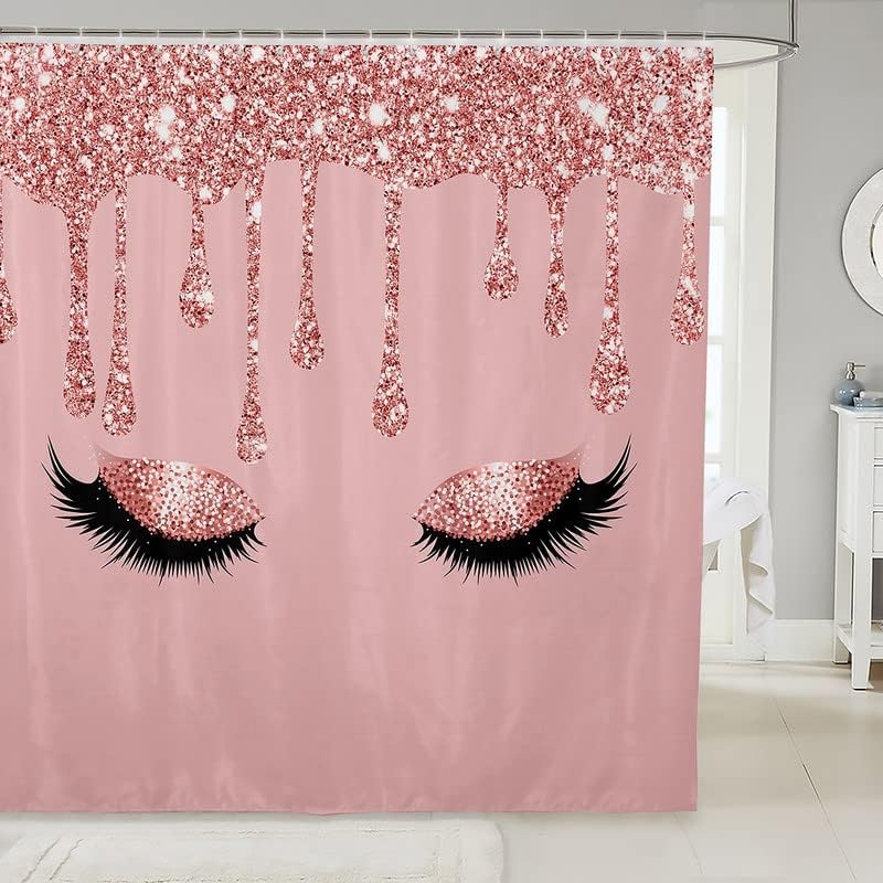 Feelyou Glitter Print (No Glitter) Eyelash Bath Curtain Eyes Pattern Design Bathroom Shower Curtain Set Modern Simple Lovely Shower Curtain for Kidss Jade Pink Bathroom Accessories Waterproo