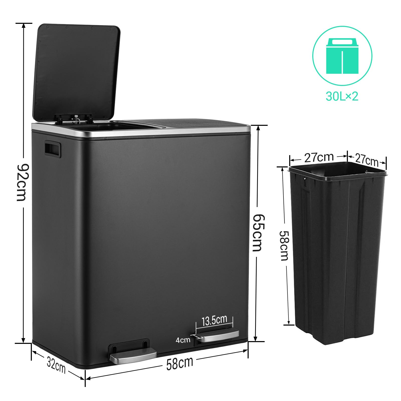 Double Compartment Bin 2 x 30 L, Soft Close Lid, Pedals, Removable