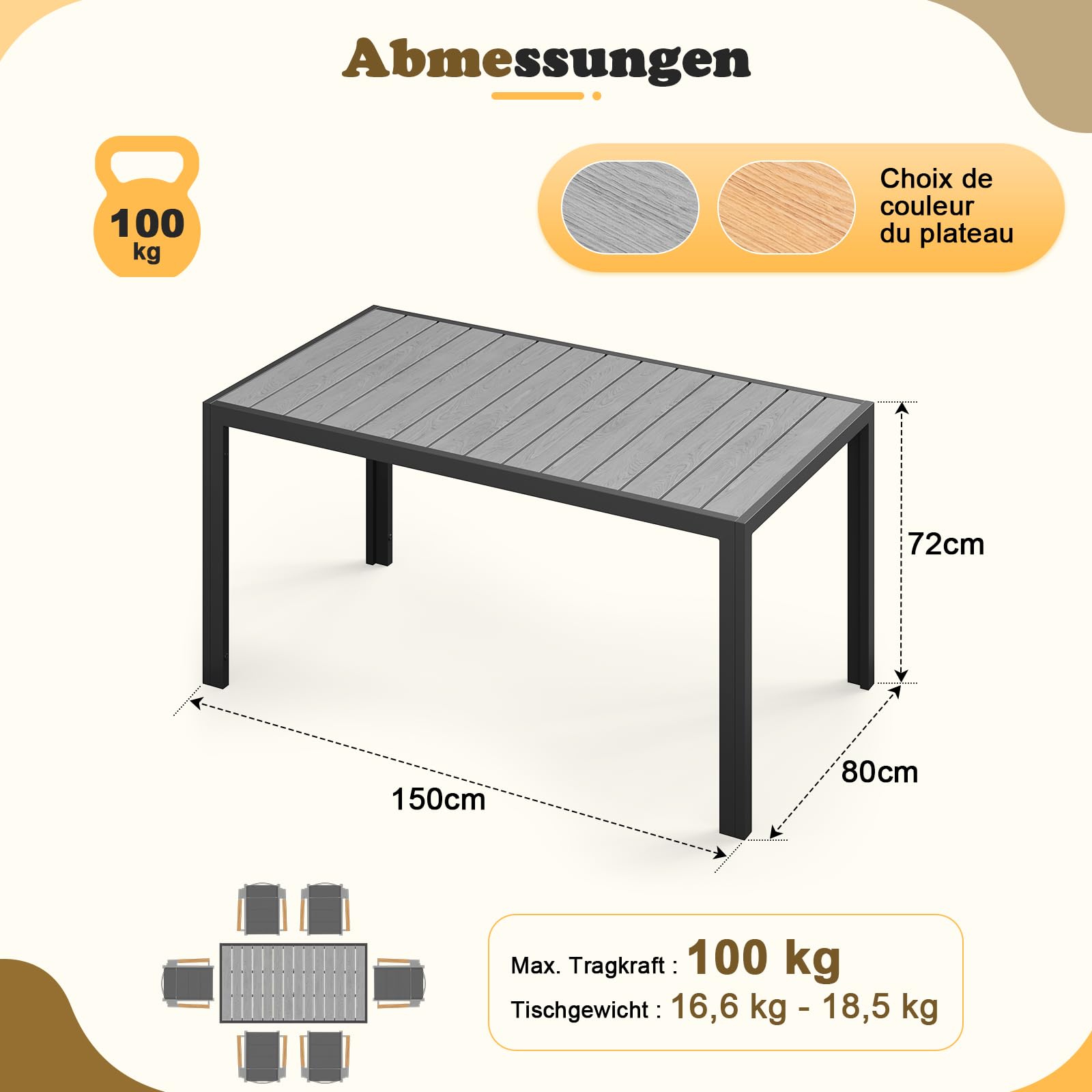 TRIUMPHKEY Gartentisch mit Aluminiumrahmen, 150x80cm PS Balkontisch Wetterfestfür 4–6 Personen, Rechteckiger Terrassentisch, Campingtisch, Hitze- und Wetterbeständig, Grau