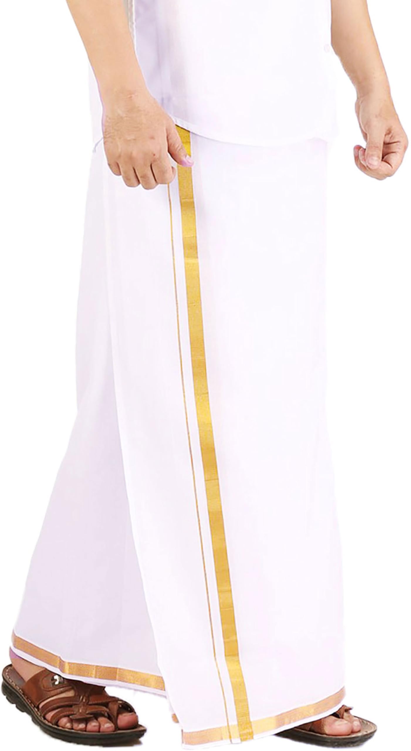 PRAKASAM COTTON Męski kremowy kolor wysokiej jakości Welcro Pocket Jari Cotton Double Dhoti (PC-VEL-PKT-DBL-CREAM-SS-), biały, 30