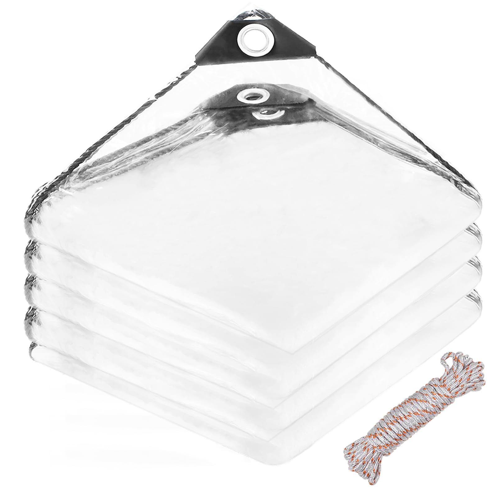3 x 5 m Telone Trasparente con Occhielli in PVC, 400 g/m², Telone Impermeabile Trasparente, Telon per esterno, con 10m Corda Antivento, per Balcone, Giardino, Serra, Barche, Auto