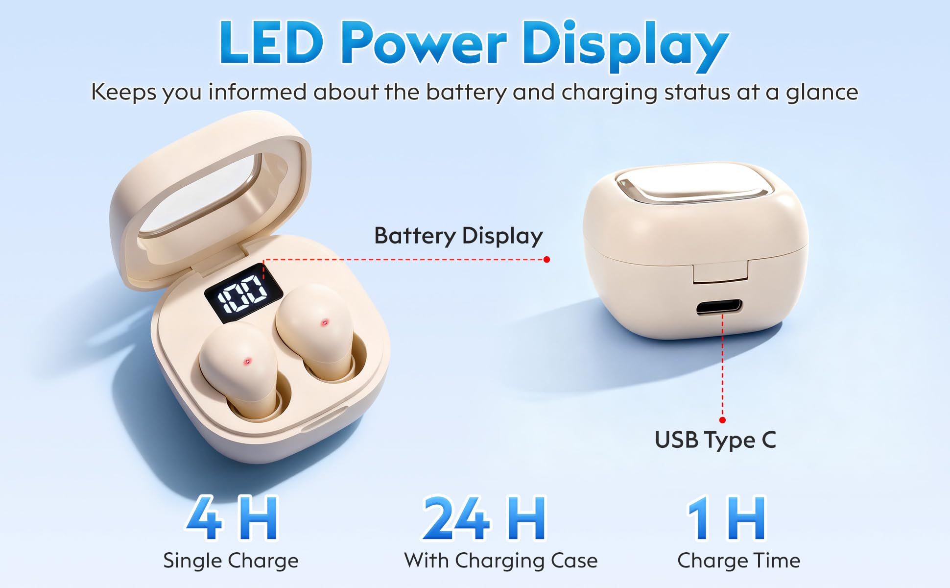 Auriculares inalámbricos invisibles para dormir, cómodos auriculares compactos para dormir de lado, auriculares con pantalla LED para dormir, trabajar y deportes (beige)