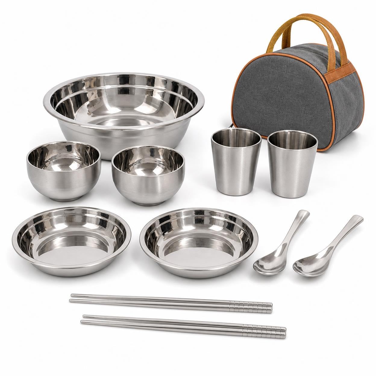 Camping Geschirr Set aus Elstahl, tragbares Outdoor Besteck Set für und Picknick, 11-teiliges Set aus Edelstahl