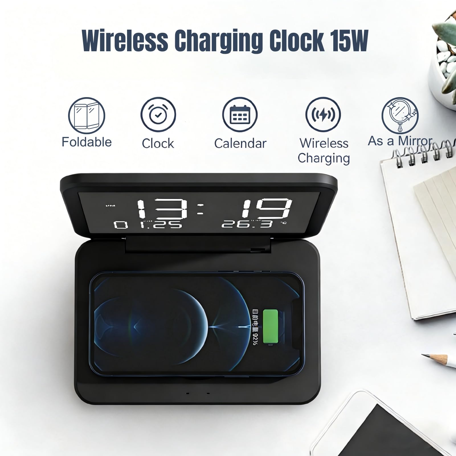 Sveglia Digitale con Stazione di Ricarica Orologio da Comodino Pieghevole 4 in 1 con Termometro Caricabatterie Wireless da 15 W, Sveglia con Ricarica Wireless Display a Specchio (Nero)