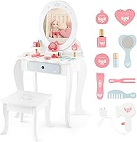 Vista 1 de HONEY JOY Vanity - Juego de mesa y silla de maquillaje de madera para niños, 10 piezas de accesorios de vestidor, espejo de princesa de tres