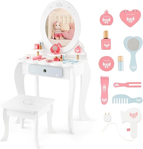 HONEY JOY Vanity - Juego de mesa y silla de maquillaje de madera para niños, 10 piezas de accesorios de vestidor, espejo de princesa de tres