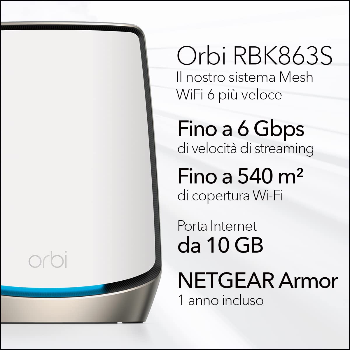 NETGEAR Orbi Rete Mesh WiFi 6 RBK863S | Kit da 3 | Router WiFi 6 Mesh con 2 satelliti, copertura fino a 540 m², 100 dispositivi, porta da 10G, Armor Cybersecurity incluso