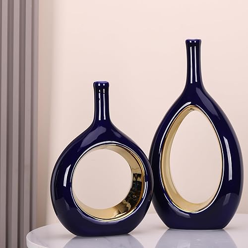 Miniatura 2 de Acentos decorativos azules y dorados, mesa central de cerámica de arte abstracto azul marino, decoraciones de mesa modernas para comedor, para