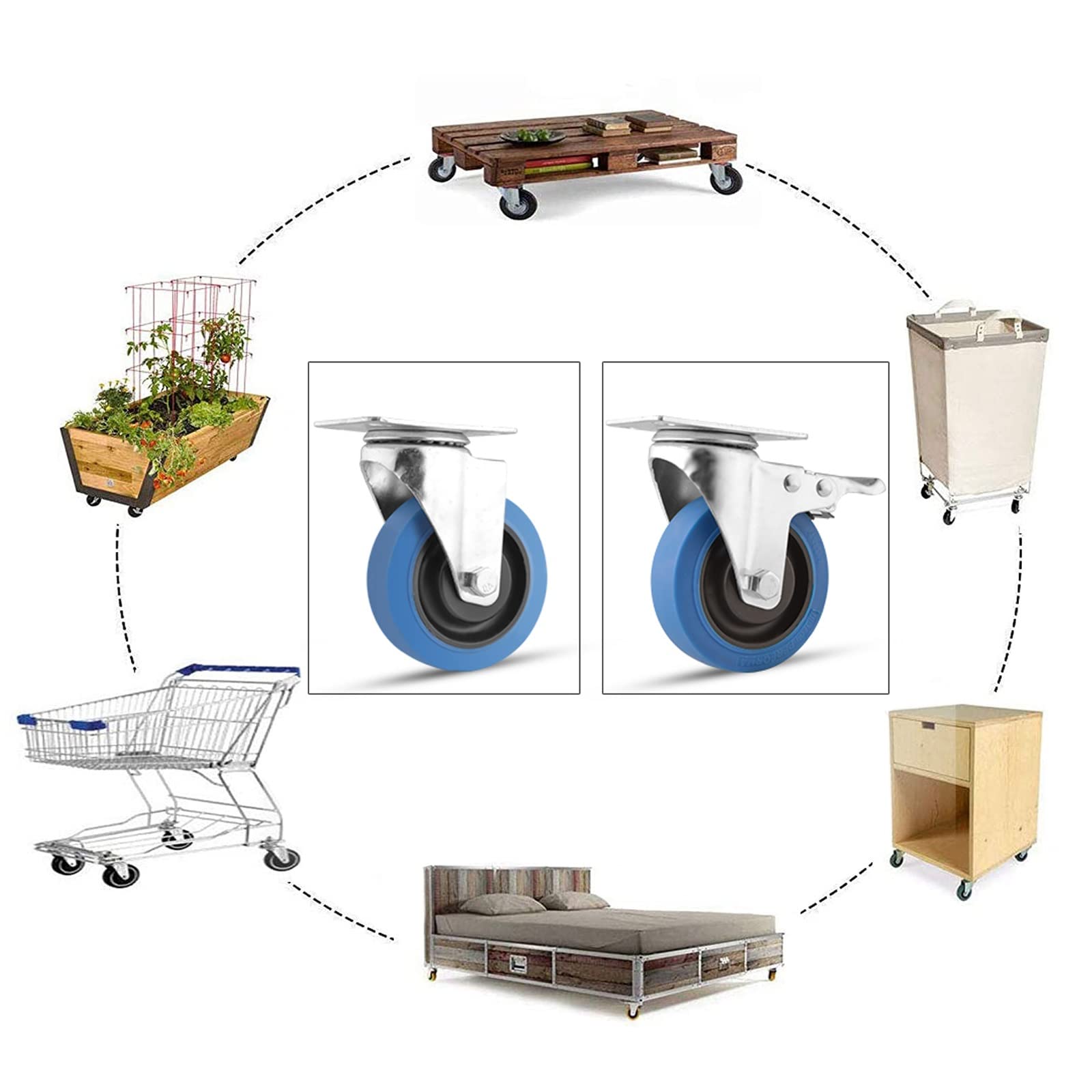 HJXGQJM Ruote Pivottanti in Gomma, Pivontanti con Freno Girevoli Ruotabili A 360° Rotelle Piroettanti, 2 Ruote con Freno E 2 Ruote Piroettanti Senza Freni, Blu Rotelle girevoli(100mm)