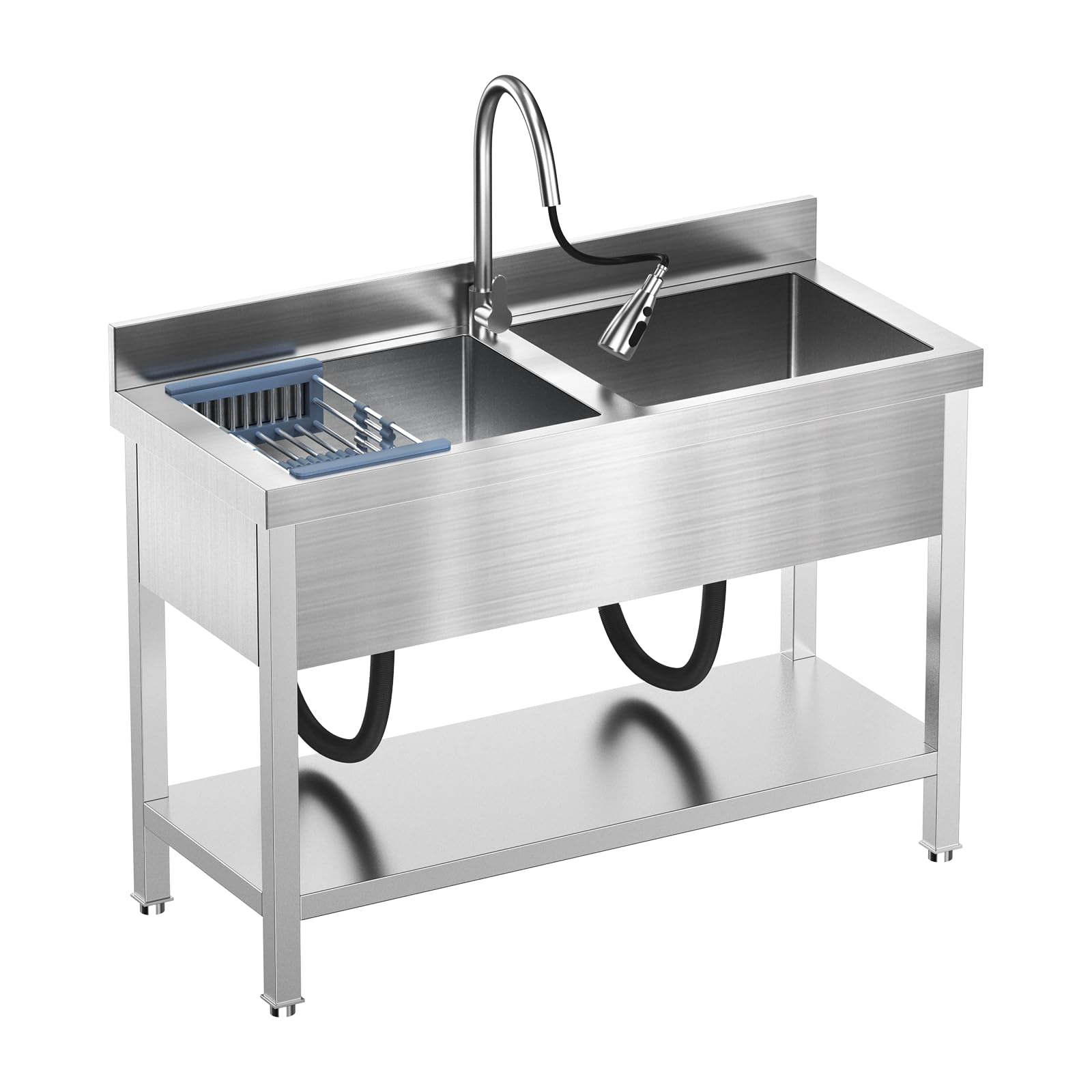 47Inch Stainless Steel Utility Sink with Pull-out Faucet, 2-Compartment Free Standing Double Bowl Kitchen Sink for Indoor and Outdoor for Laundry Room Farmhouse Kitchen