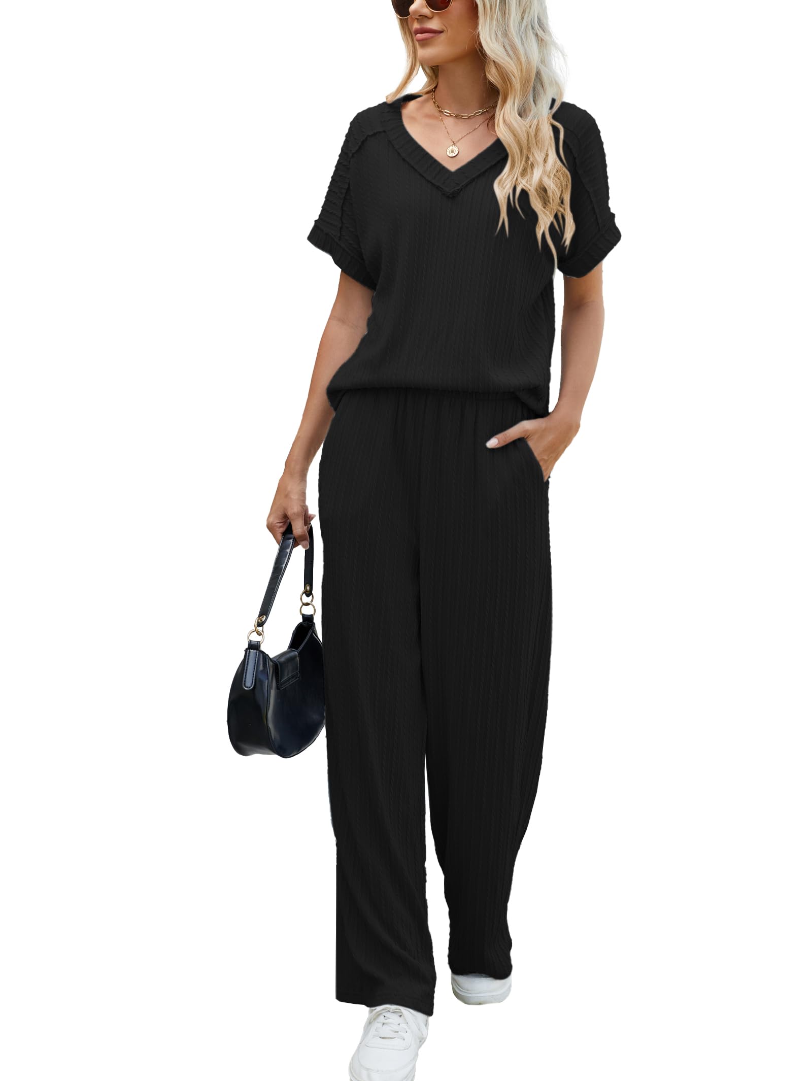 Famulily Womens Cable Knit Two Piece Lounge Set Matching with Short Sleeve V Neck Top and Wide Leg Pockets Long Pants