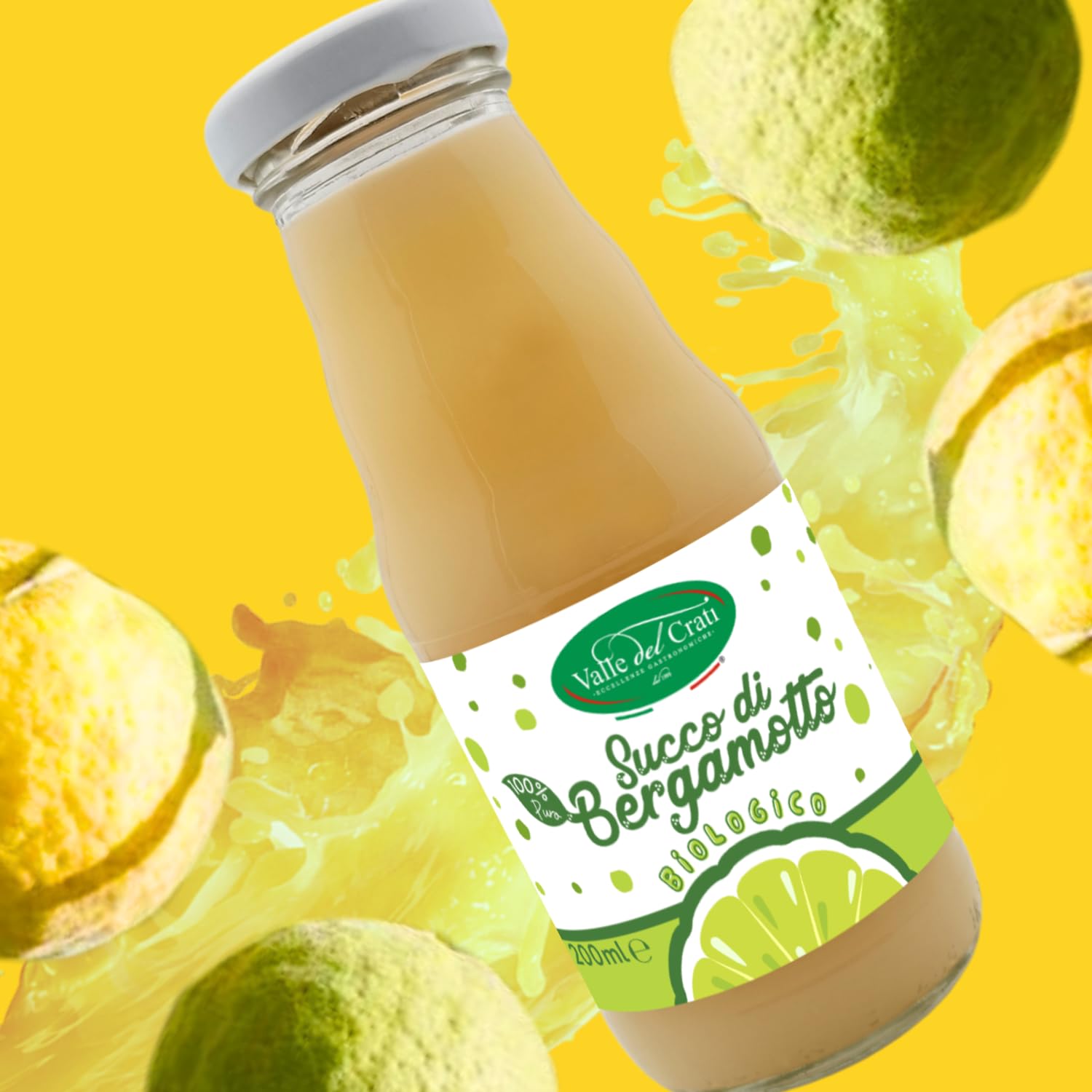 Valle del Crati Succo di Bergamotto BIO Calabrese | 100% Puro | 24 bottiglie da 200ml | senza Zuccheri Aggiunti e senza Conservanti | Bevanda Fresca e Dissetante | Spremuta di Bergamotto Biologico