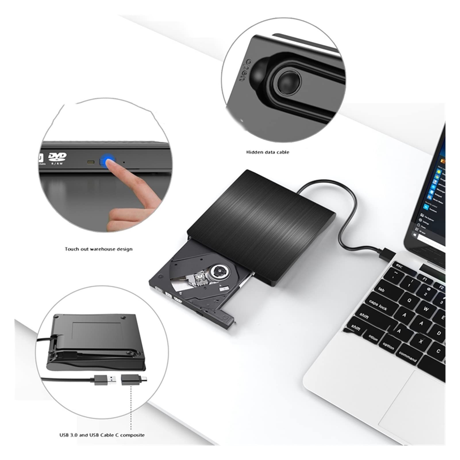 Zewnętrzny CD DVD. Napędzać przenośne USB 3.0 CD/DVD Gracz z konwerterem typu C Przenośny(Nero)
