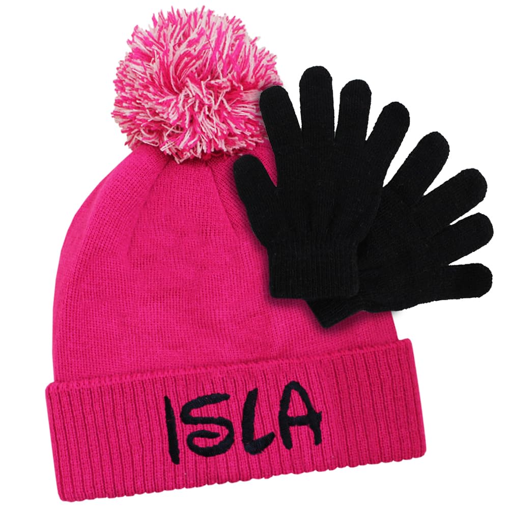 Teddyt's Girls Pink Personalised 'S Embroidered Bobble Hat & Gloves Set (6-12 Years)
