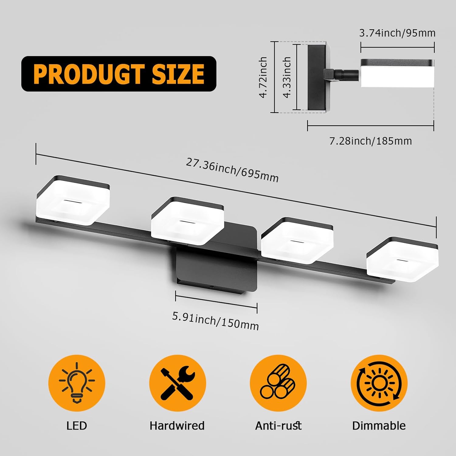 4 Light Acrylic Bathroom Light Fixtures, Modern Black Bathroom Vanity Light, Matte Black Wall Lighting Fixtures Over Mirror, Adjustable LED Vanity Light (White Light 5500K)